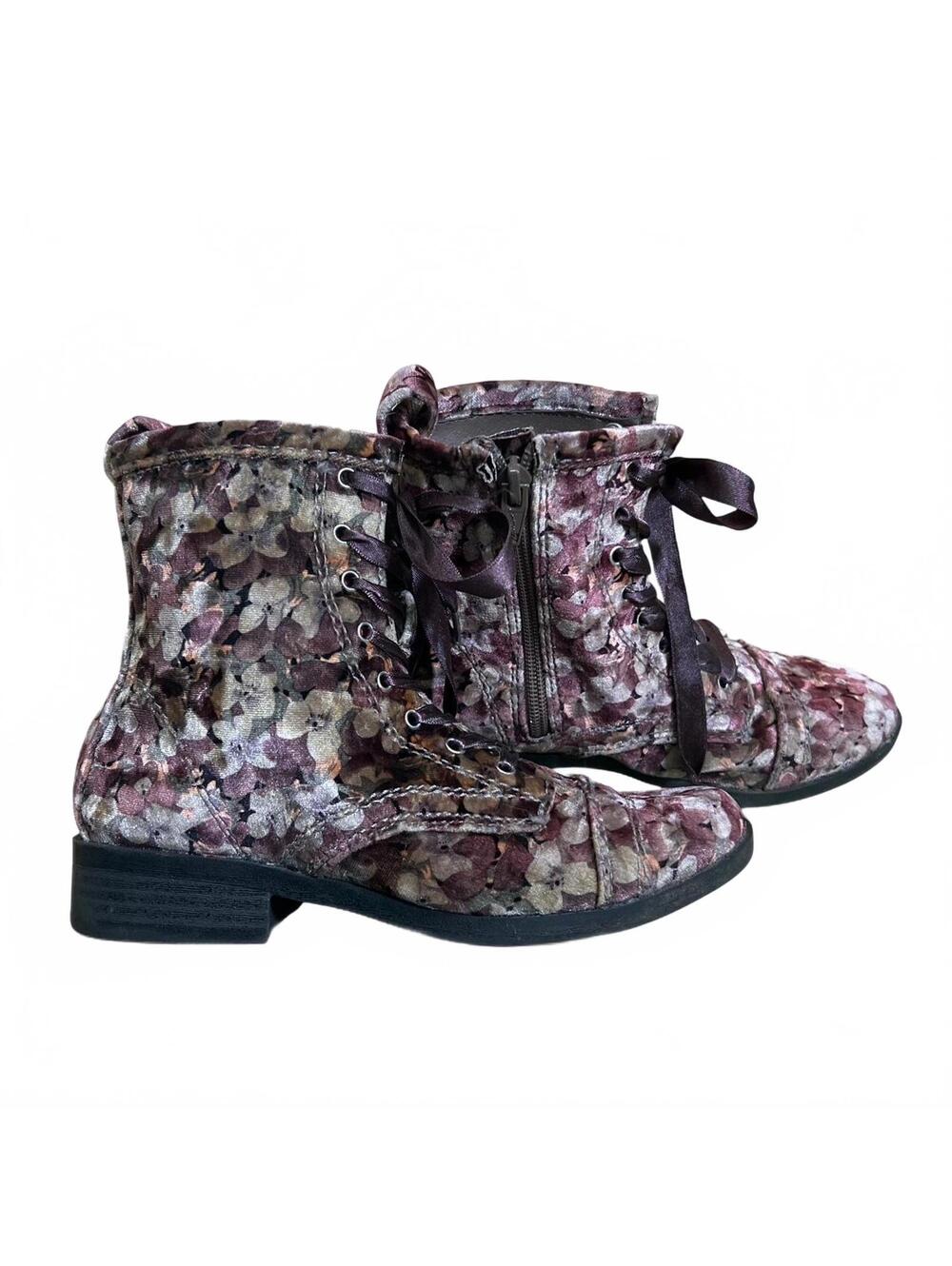 Stevies Womens US 2 Floral Velvet Ankle Combat Boots with Ribbon Laces and Zip